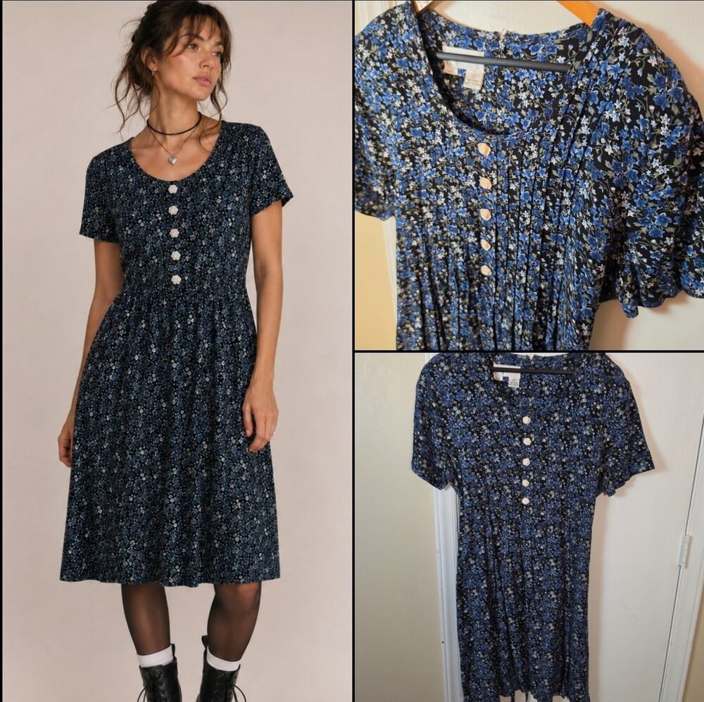 Vintage 90s Fairy Ditsy Floral Midi Dress Sz 14 Fit & Flare Cottagecore Grunge